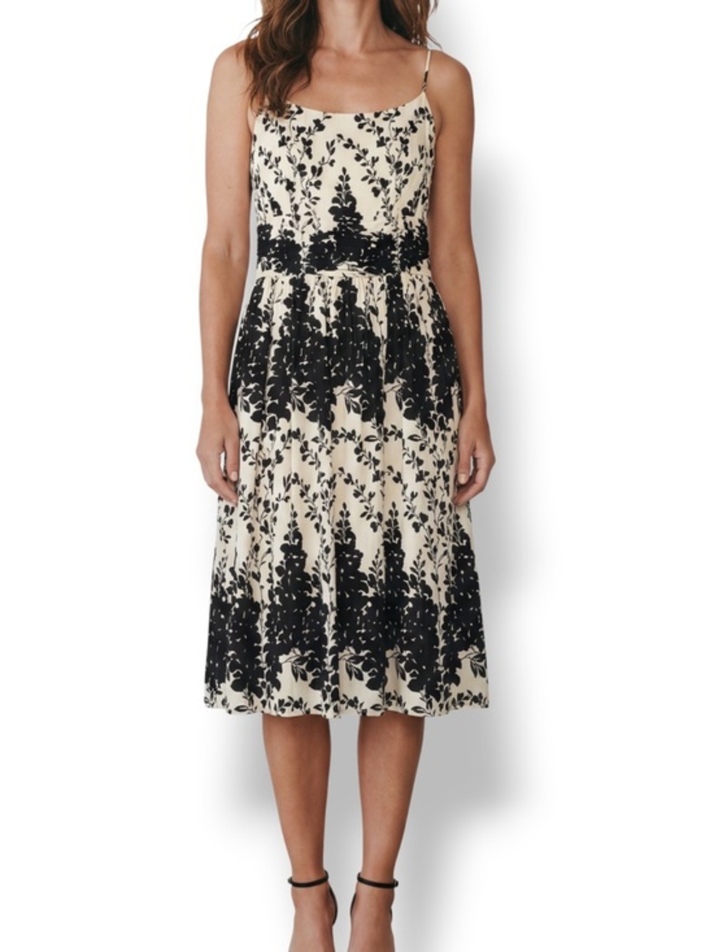 Ann Taylor 100% Silk Black Ivory Floral Midi Dress Size 8 Sleeveless